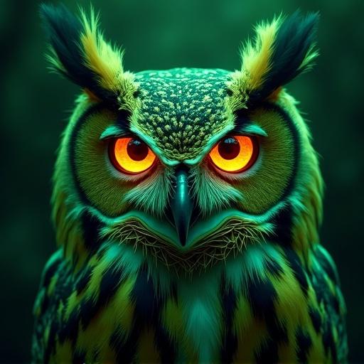 A beautiful owl symbolizes self consciousness. Eyes show turbulence and reflect colors of matrix green code. It represents self as a projection of the Matrix.