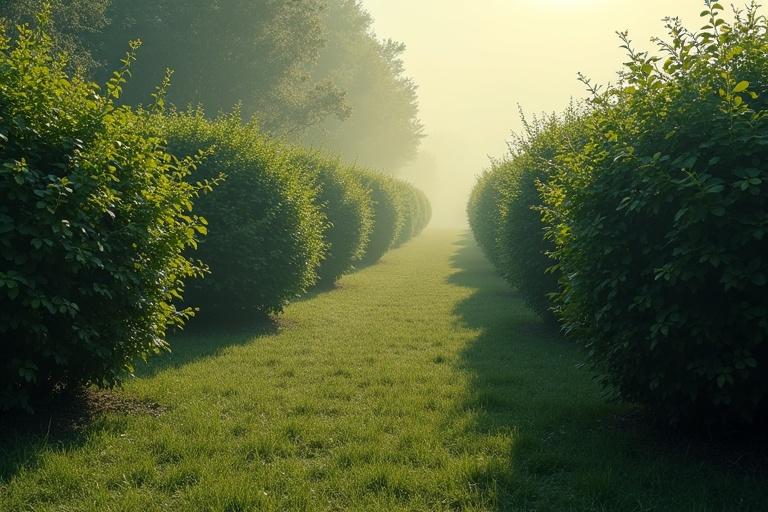 Bushes lined along a grassy path in fog. Shadows create an atmosphere of mystery and tranquility. Soft light enhances greenery.