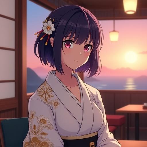 Matured woman in anime style with dark violet bob hairstyle. Hair styled in an updo. White flower hair ornament and golden decorations. Wearing a white kimono with golden floral patterns and a black obi belt. Calm expression. Sitting in a traditional Japanese-style cafe at dusk. Soft evening light with warm wooden interior and shoji screens. Hazy sunset sky visible in the background.