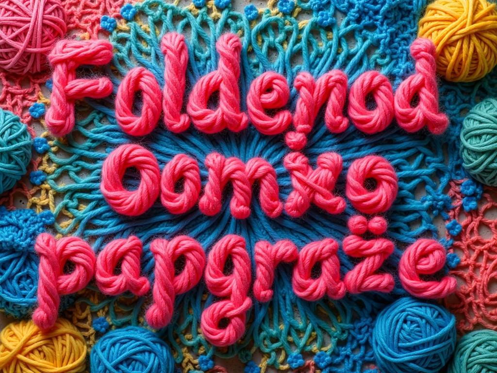 This image showcases a vibrant yarn bombing poster featuring colorful yarn arranged to spell out a creative phrase. The text is made from thick yarn, highlighting the hand-crafted nature of the art. Surrounding the text are various yarn balls in bright colors, adding to the playful aesthetic. The background features a lace pattern created from yarn, adding texture and depth. Overall, the composition is bright and engaging, perfect for capturing the attention of crafting enthusiasts.