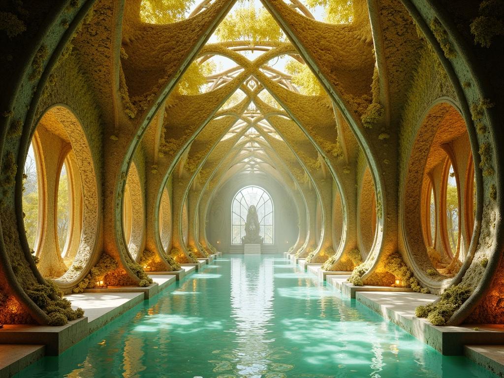 Opulent biotech building designed in neo-baroque style. Features living ornamentation and mycelium-inspired arches. Complex vegetal textures cover walls. Flowing nano-fabrics act as living curtains. Contains ambient phosphorescence. Detailed and entirely organic in source.