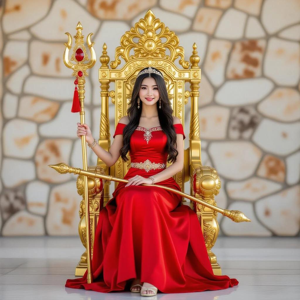 Asian girl in red dress sitting on golden throne holding a gold staff with a ruby gem in a luxurious setting with stone wall backdrop.