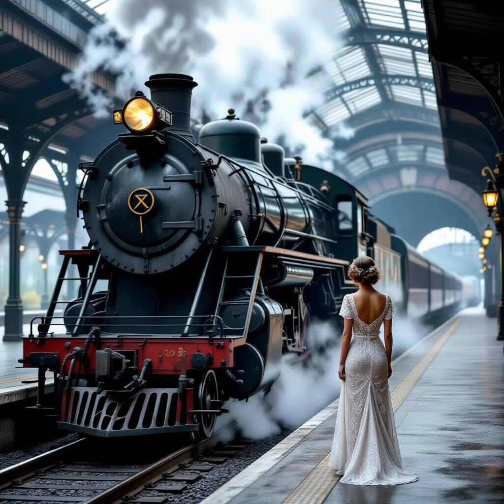 A woman stands alone on a misty train platform. She wears a delicate short lace dress. A large steam locomotive looms in front. It has rust and peeling paint. The scene is set in a covered station with an arched exit. The atmosphere contrasts refined beauty with industrial decay. Steam swirls around. The lighting is dramatic with muted color tones.