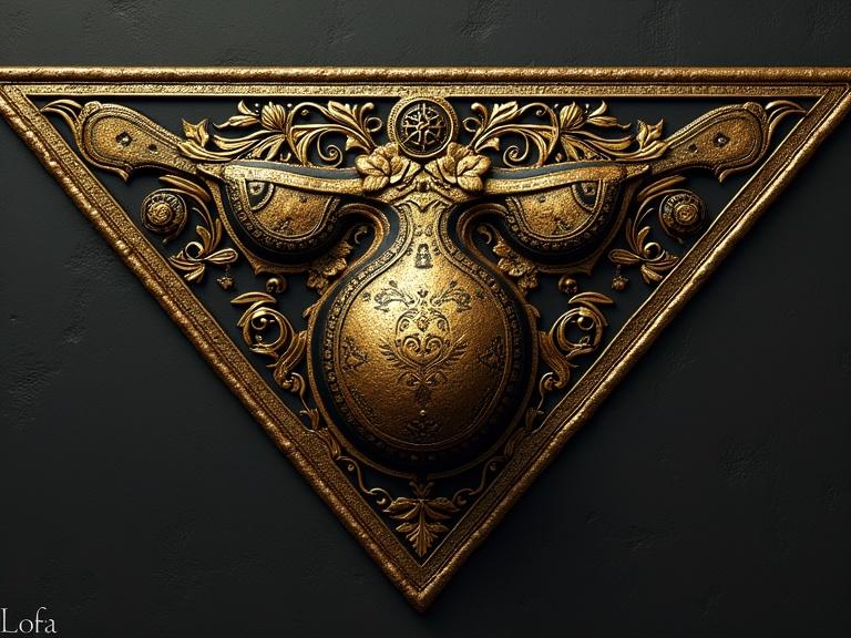 Intricate gold ornamentation in a triangular shape on a black background. It features floral patterns and detailed craftsmanship.