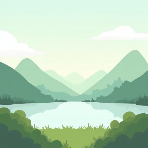 Design minimal 2D cartoon landscape background for game. Use soft flat colors and simple shapes. Include hills mountains in distance, calm lake middle ground, stylized trees foreground. Keep sky clear with few clouds. Avoid detailed elements. Portrait orientation.