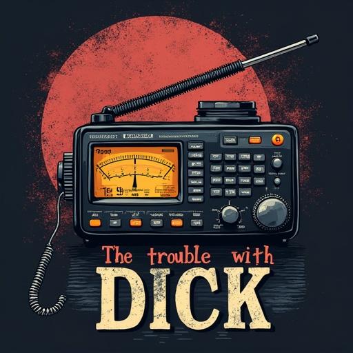 T-shirt design featuring text The trouble with Dick styled after ham radio. Background includes vintage radio with graphic elements.