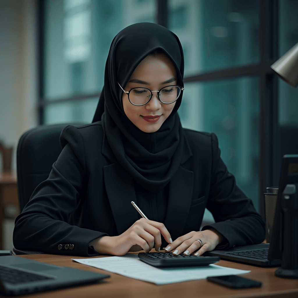 A woman in a hijab, wearing glasses, is focused on calculating at her desk in a modern office.