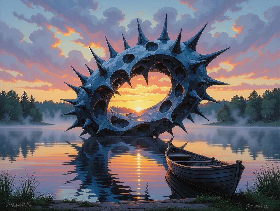A wide-angle shot captures a mystical lake at dawn. A colossal artifact floats above the water. Its form combines sharp tribal thorns with flowing curves. The surface is textured with thick strokes of paint. Iridescent whites and deep violets swirl and reflect the landscape. A core emits soft light, casting rays through the mist.