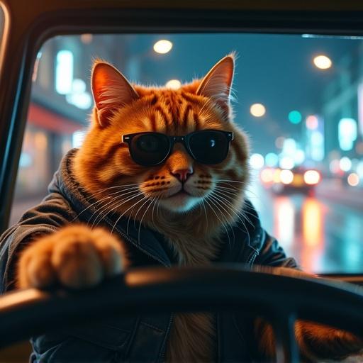 Cinematic action shot of a ginger cat driving. It wears aviator sunglasses. The truck drifts on a wet neon-lit street. A tabby cat co-pilot yells directions. Stray cats hurl trash bags at police cars.