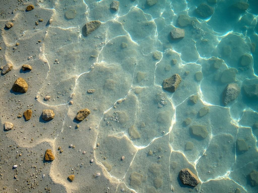 Aerial view of crystal clear water over a sandy and rocky seabed