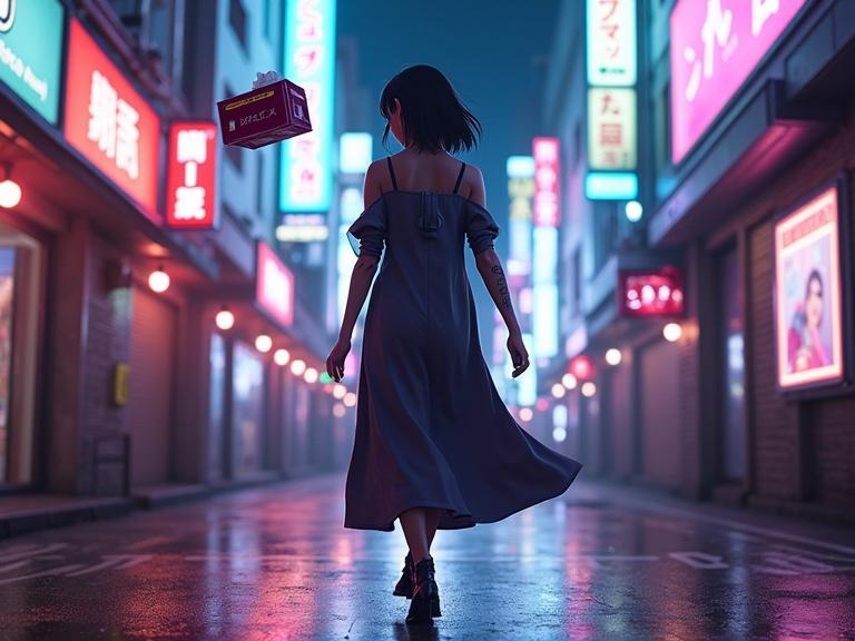 Anime-styled woman walks away through neon-lit Tokyo street at dawn. She tosses a tissue box mid-air, symbolizing leaving behind sorrow. Background features glowing holographic billboards and digital graffiti. Effects include glitch trails. Empowering cinematic tone.