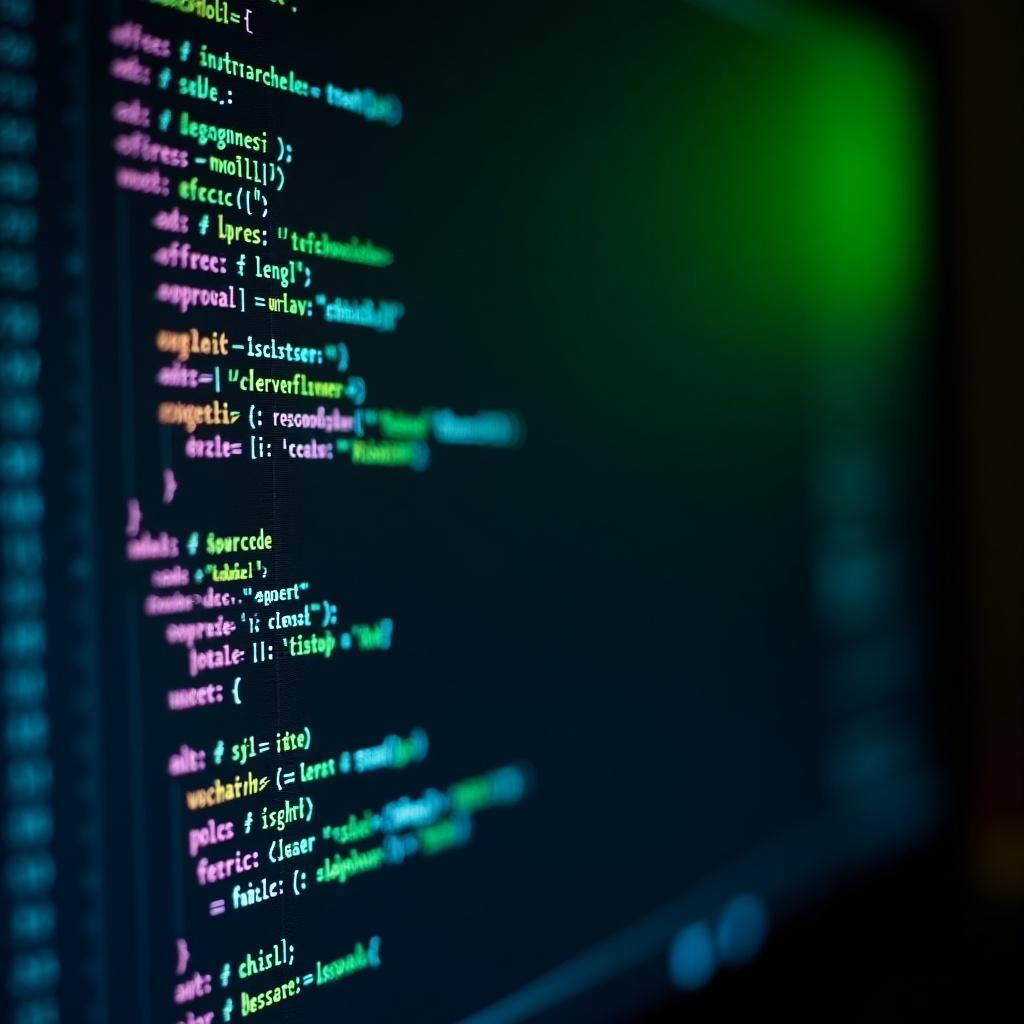 This image is a close-up view of colorful code displayed on a dark computer screen. It represents the world of programming and software development. The vibrant colors of the code stand out against the dark background, creating an engaging visual. The green glow from the screen adds a techy atmosphere. This shot effectively captures the intricate details of coding and the digital environment.