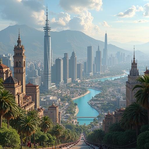 A vibrant megacity with skyscrapers financial district and informal settlements. Ancient temples nearby modern tech hubs. The skyline includes La Corona corporate towers and the busy Port of Tlaulunona. A picturesque view down a grand staircase surrounded by palm trees. A tech hub in a reclaimed wetland.