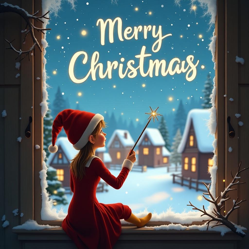 This enchanting image features a girl elf wearing a red dress and hat, sitting by a window. She gazes out at a picturesque snowy village, illuminated with warm lights. In her hand, she holds a sparkling wand, using it to write 'Merry Christmas' in the starry night sky. The scene is cozy and festive, evoking the spirit of the holiday season. Outside, the snow creates a serene backdrop to this magical moment.