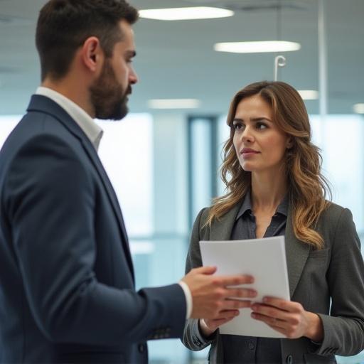 Manager giving verbal instructions to puzzled employee in modern office. Employee holds notepad looking confused.