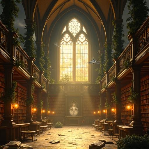 Enchanted library with floating glowing books and ivy-covered columns. Golden light streams through stained glass windows. Painted in dark academia style.