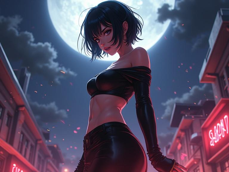 A dynamic full-body shot of a stylish character with black hair in hot pants. The scene has cinematic lighting and a dramatic urban background with a full moon. The character poses confidently with a cool demeanor.