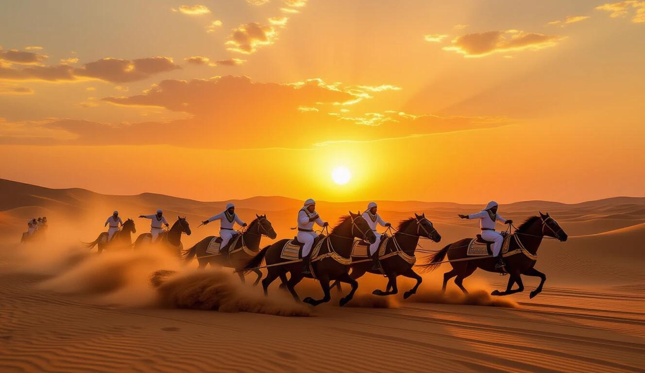 Horses race across a sandy desert. Dust clouds rise from their hooves. A vivid orange sunset fills the sky. The riders wear traditional clothing. The scene is dynamic and vibrant. Light creates a warm atmosphere.