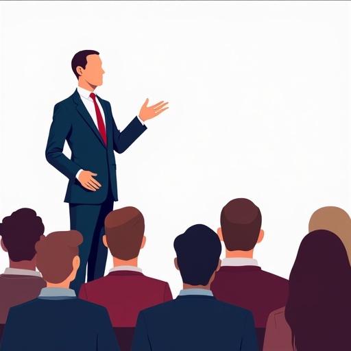 Illustration of adult in professional business attire making a speech to an audience. The speaker appears confident. The audience consists of 10-15 people. Use rich maroon and navy blue colors for clothing. Background is transparent.