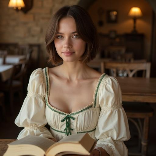 Young woman dressed in elegant medieval-inspired attire sits in cozy café. Hair styled in bob cut. Fair skin and warm atmosphere. Dressed in ivory gown with green embroidery. Reading a book near warm lantern light. Relaxed and serene expression.