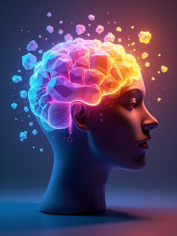 Vibrant 3D render demonstrates a human head made of colorful fractals. Each piece glows in shades of blue, purple, orange, and yellow. The arrangement suggests complexity of the mind. Background features warm abstract shapes subtly glowing.