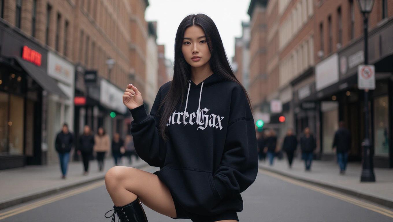 A slim East Asian girl wearing an oversized black hoodie. The hoodie features the word 'StreetGax' in white gothic font. She stands confidently in an urban setting with a plain background. Her natural skin texture and long black hair are visible. The lighting highlights her features.