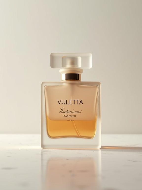 Minimalist mock-up of a frosted glass perfume bottle. Contains warm amber liquid partially obscured by frosted surface. Reflective surface beneath bottle enhances elegance. Background is soft gray with cream tones. Label features 'VULETTA' in metallic silver serif at the top. Below, 'NOCTURNE' in flowing script in silver. Faint 'PARFEME' in silver at bottom. Tiny silver speckles at the top. Warm amber outline along the label edge.
