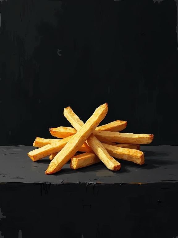Stylized expressionist painting of individual French fries on a flat black surface. Fries are gently crossed. Next to them a single pair of worn empty converse sneakers. Neutral lighting with painterly sumi-e style. Minimalist composition with dark moody atmosphere. Vector art with glitchcore style elements.