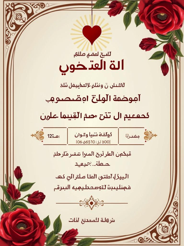 Wedding invitation design in elegant Arabic style for Ahmed and Mai. Date is February 2nd, 2025. Venue is El Mohandeseen Hall in the 10th of Ramadan city. Rich floral decoration in red and green. Classic wedding invitation text included.