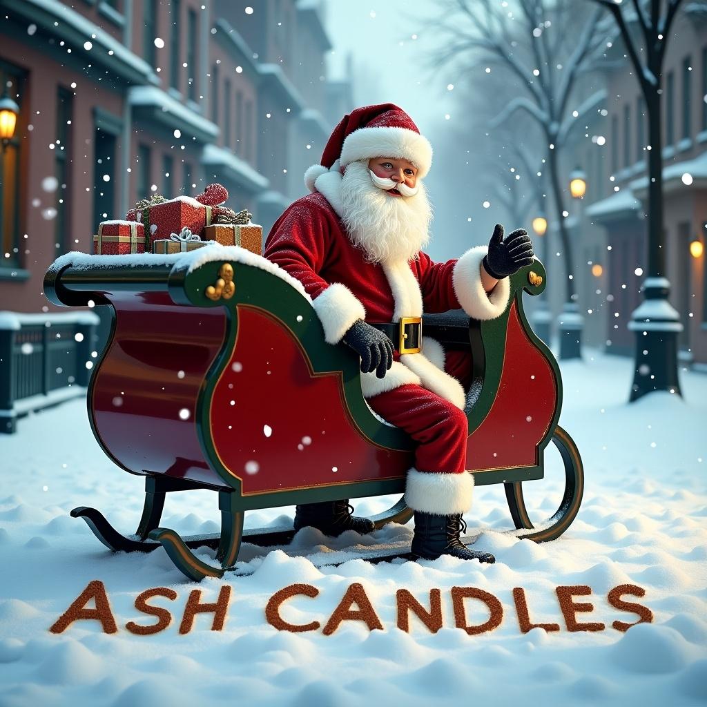 Santa Claus sitting on a sleigh in a snowy street. The words ASH CANDLES written in the snow beside the sleigh. Snow falling around him. The scene radiates Christmas spirit with a personal touch.