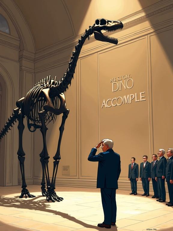 Cartoon illustration features an anonymous president saluting a large diplodocus skeleton in a museum. Marble floors enhance the grand atmosphere. The text says 'Mission: Dino Accomplie'. The scene displays warm lighting with dramatic shadows. The president wears a classic suit and holds a flag. Observers appear confused by the situation.
