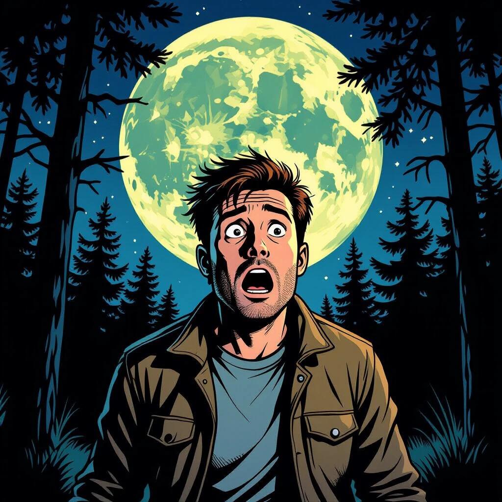 A man stands in a dark pine forest. He looks frightened after hearing a scream. A full moon illuminates the scene. The artistic style is comic book. The atmosphere is mysterious and suspenseful.