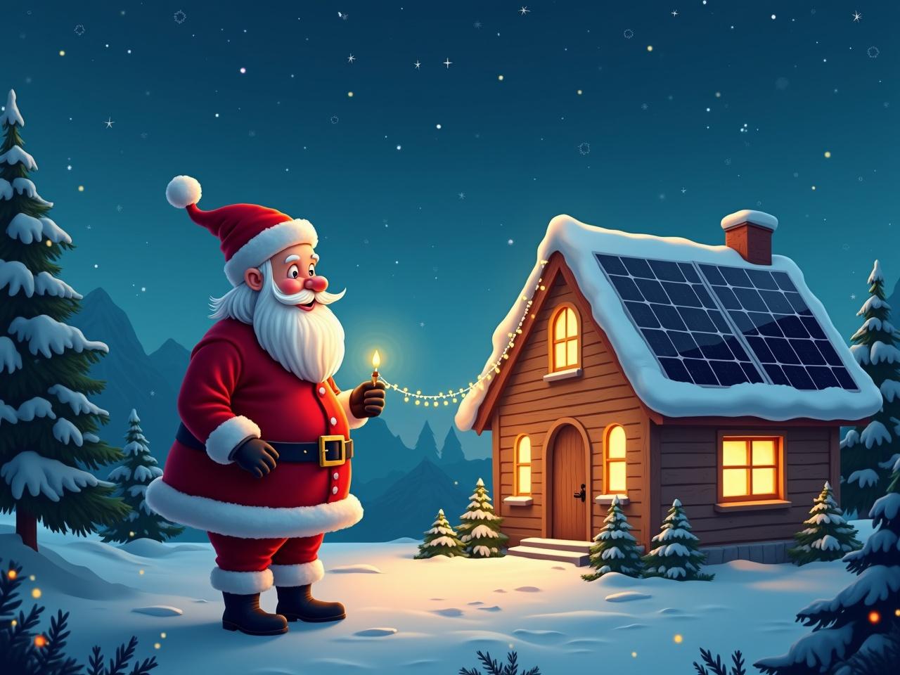 Santa Claus stands in front of a house adorned with bright Christmas lights powered by solar panels. The scene is set in a winter landscape with snow-covered trees and a starry night sky.