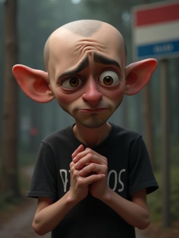 A detailed portrait of a sorrowful cartoon man with almost bald head and large eyes, hands pressed together in front of his chest. He's wearing a black shirt with 'HELGOS' written on it. The background is blurred with a border sign stating 'POLAND'. Expression is melancholic with realistic lighting.