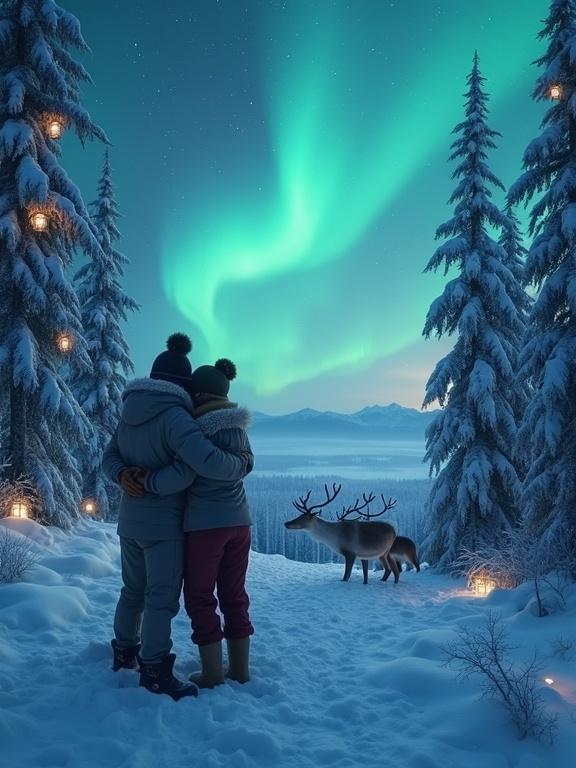 A mother and child stand in an embrace on a snowy hill. The Northern Lights dance in the sky, illuminating the scene. Frost-covered fir trees have lanterns hanging from their branches. Curious reindeer gather in the background.