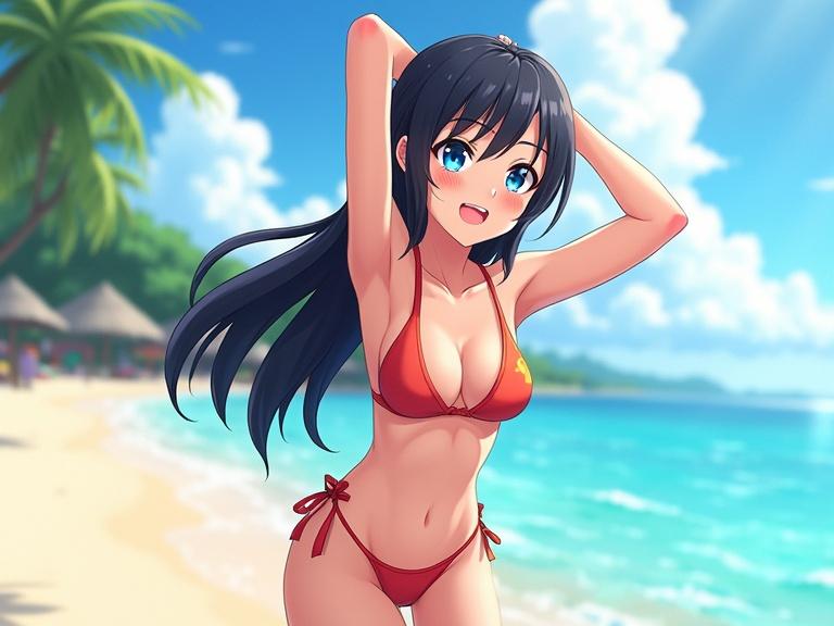 Anime-style girl with long black hair and blue eyes poses on a beach. She wears a vibrant red bikini. The background features golden sand, clear water, and lush palm trees. The scene is bright and cheerful with a sunny sky and soft clouds.