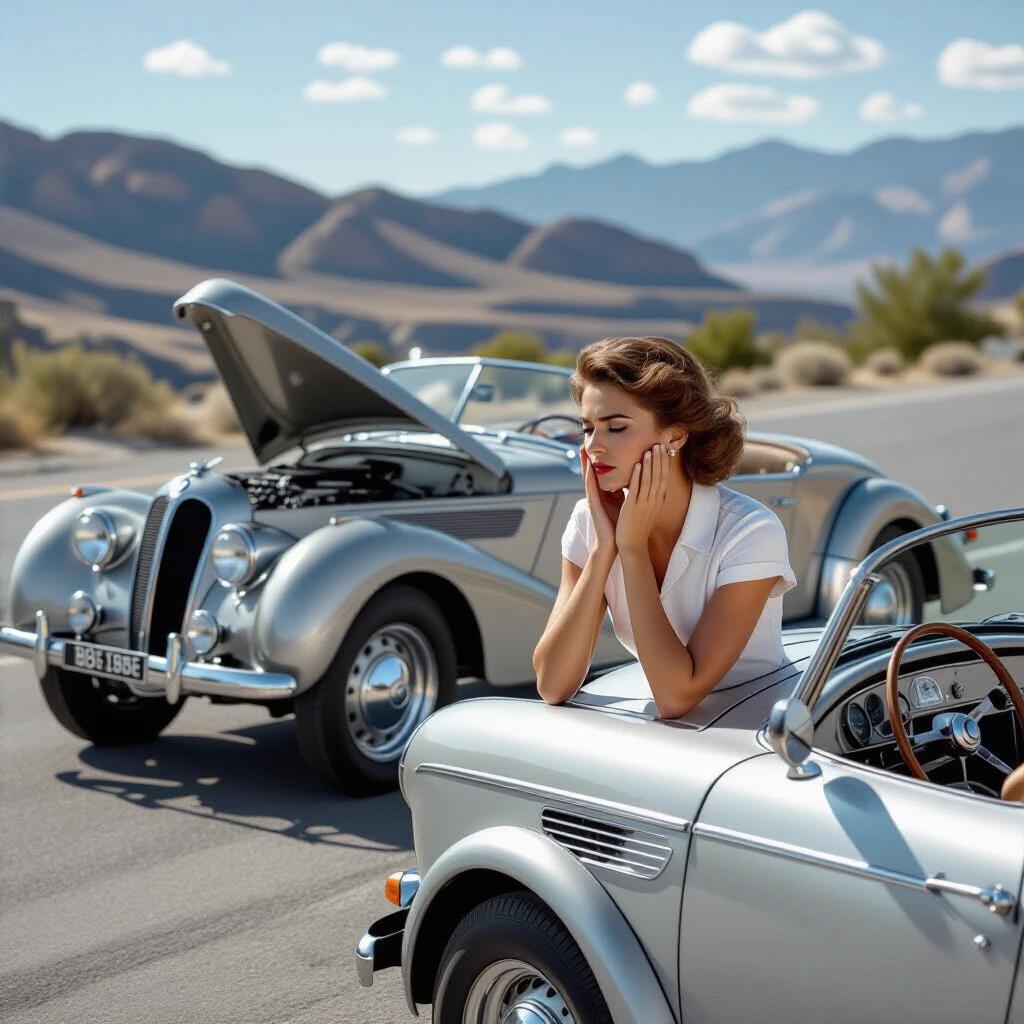 Photorealistic scene featuring a silver 1936 BMW 328 Roadster stalled on a picturesque road. Two independent panels propped on rods. Engine state shows dripping carburetor jets with light steam. Door fully open revealing empty seat. Woman stands by the hood with both palms pressed to cheeks. Strict side profile with head tilted downward focusing on the carburetor. Scenic mountains in the background. Shot during the day with natural light.