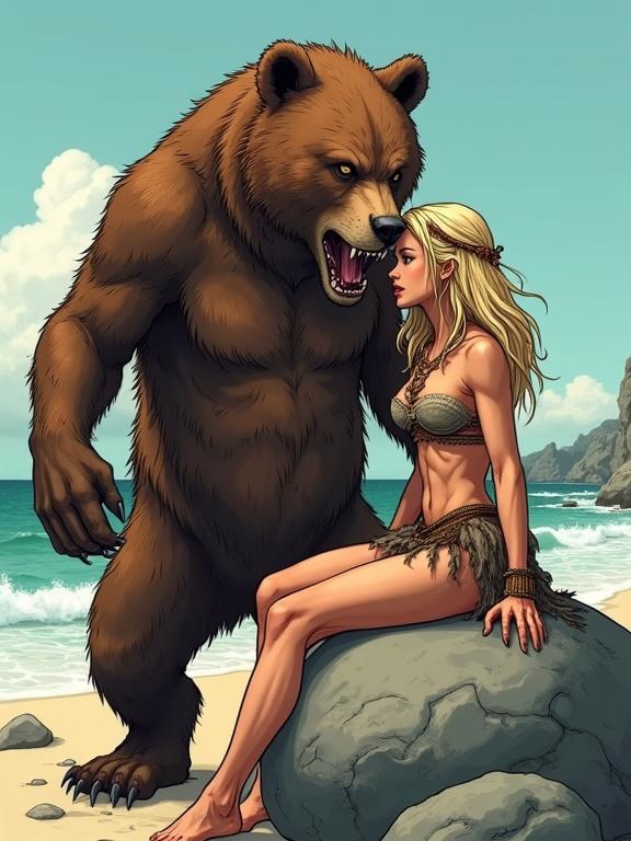 Artistic comics style. A beautiful skinny tribal girl sitting on a big stone on the beach. Tattered dirty loincloth. Beside her stands a big roaring bear-like creature. Her hands high above on its head. Smooth tanned skin. Dirty sweaty skin.