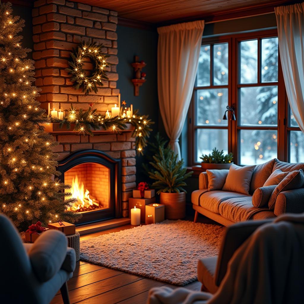 Cozy winter Christmas scene featuring a warm fireplace. A beautifully decorated Christmas tree fills one corner. Soft lighting from candles and the fire creates an inviting atmosphere. Furnishings include a comfortable couch and festive decorations. Snowy landscape visible outside the window.