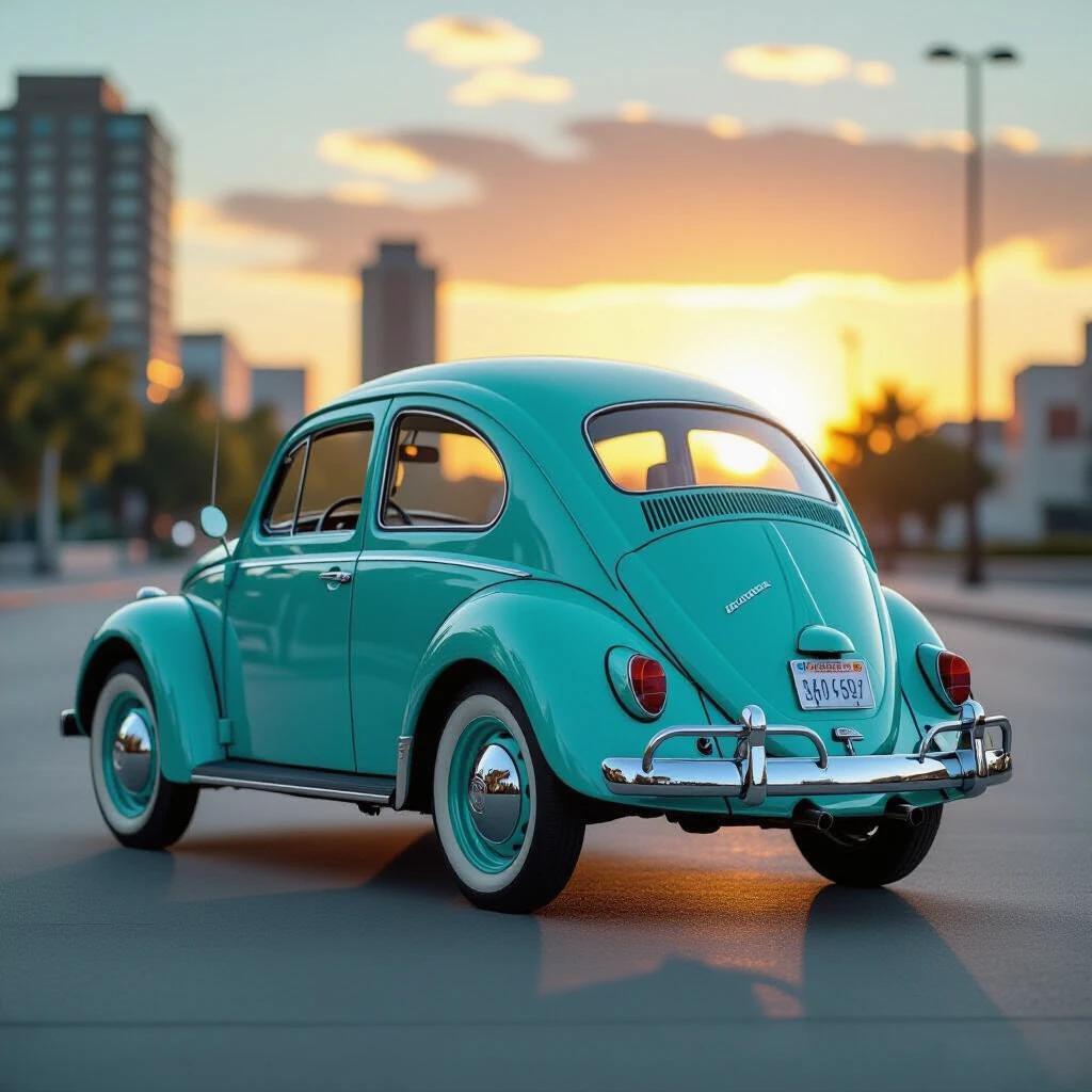 Ultra realistic photography of a turquoise 1951 Volkswagen Beetle in an urban environment. Captured from a low angle at a 45-degree rear view. Sunset in the background gives a cinematic quality. Jet-black tires visible. Shallow depth of field enhances focus on the car. Pristine condition with hyperrealistic textures.