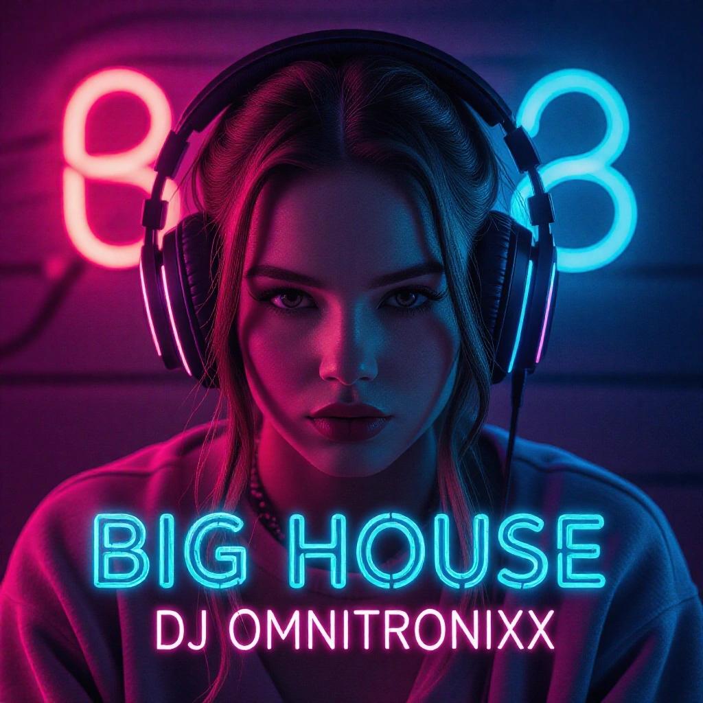 Close-up image of a dark neon bedroom with colorful RGB lighting. A woman with headphones is featured prominently. Text in futuristic style reads 'Big House Beatz DJ Omnitronixx.'