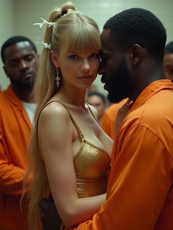 Music video scene in a prison cell. Woman with long blonde ponytail and golden bikini. She is close to a man in an orange jumpsuit. Both looking engaged. Other men in the background. Full body shot.