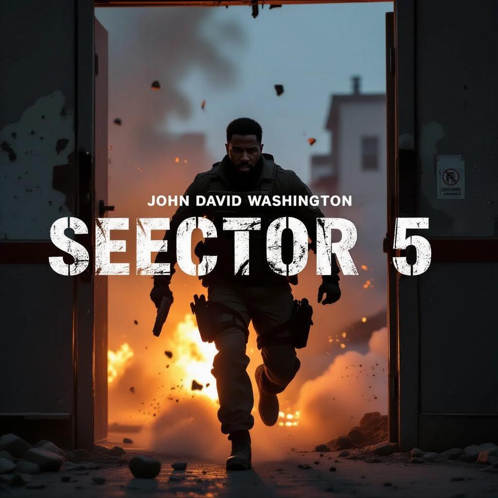 John David Washington kicks a door open in an explosive scene. Fire blazes behind him. Title reads SECTOR 5 in military block letters. Dynamic and dramatic atmosphere with ash particles.
