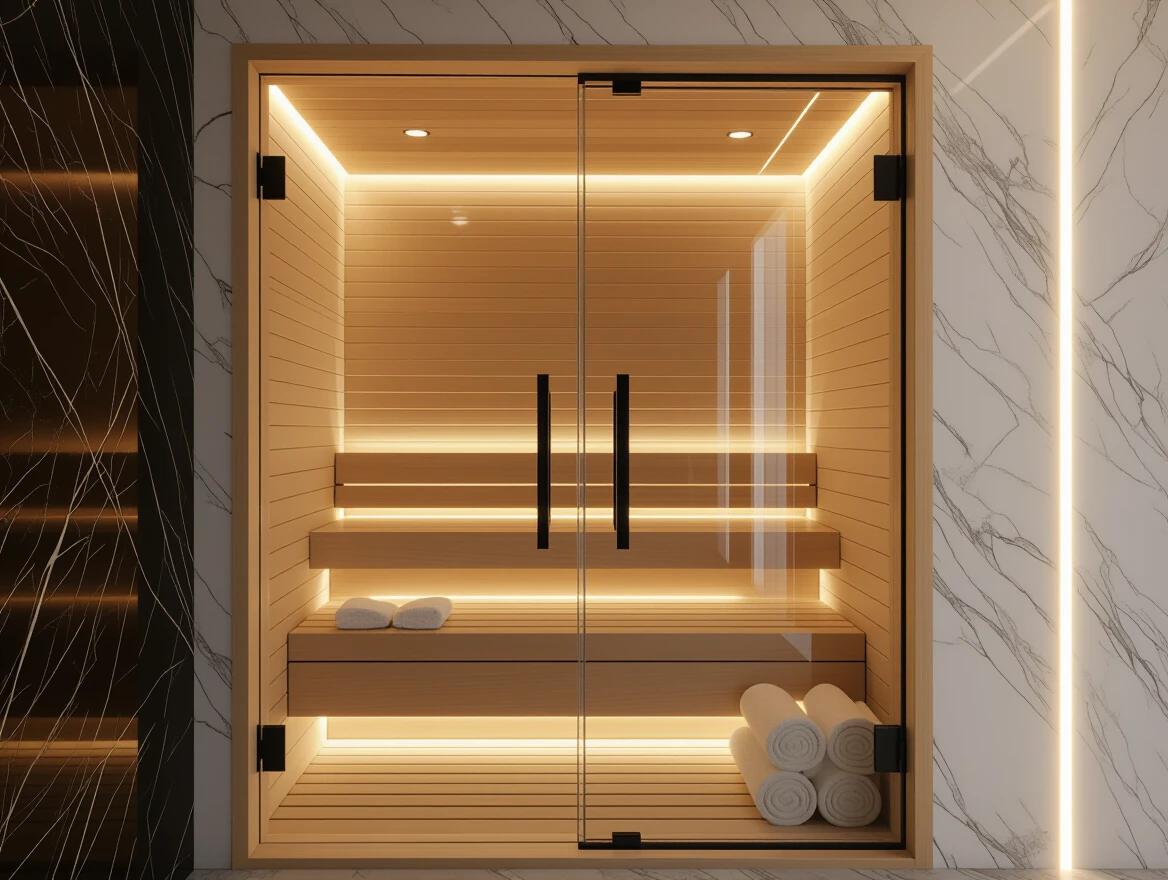Close-up view of modern indoor steam sauna. Focus on twin glass doors. Glass panels with black handles. Wooden interior with LED lighting. Clean horizontal wood slats visible. Marble walls with white veins. Elegant spa atmosphere created. Warm lighting throughout. No people or objects in foreground. Doors centered in frame.