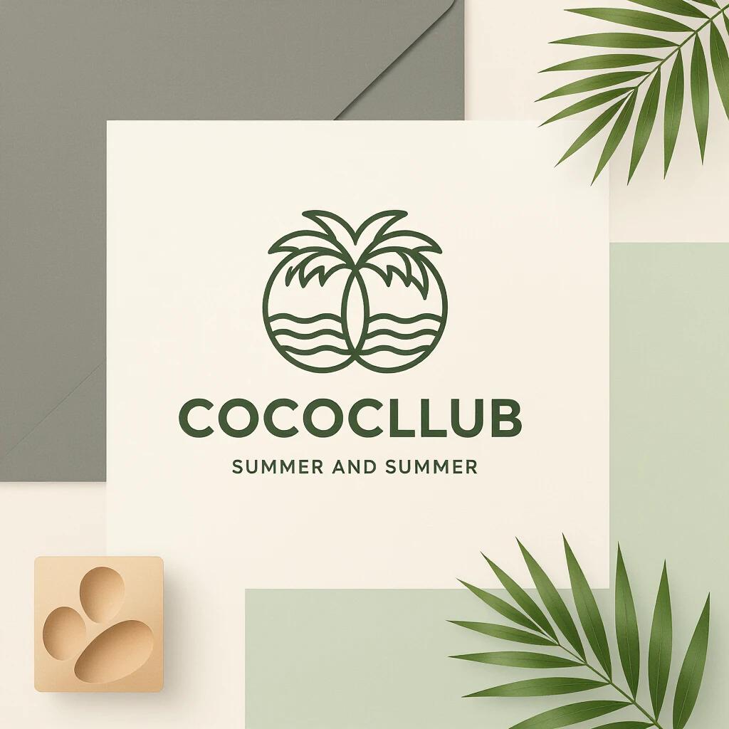 A coconut brand logo emphasizing summer and beach themes. Features a clean structure with the brand name CocoCllub. Incorporates minimalist design with 3D elements inspired by Iranian architecture. Shapes resemble palm leaves. Uses a color palette of graphite gray, ivory white, emerald green, and beige. Focused on simplicity and elegance.