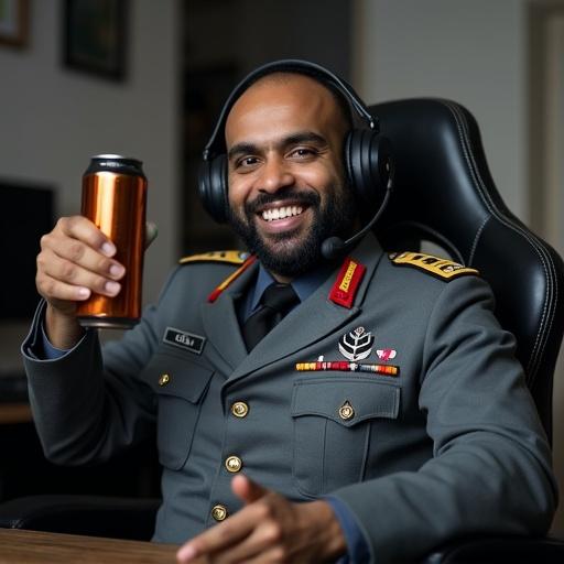A big headed, balding man sitting on gaming chair wears a grey uniform and headset. He gives a thumbs up with his right hand. His left hand holds a can of Monster drink. He smiles. Background features a home office setting.