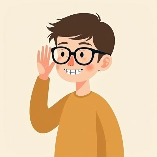 Teen boy with Down syndrome. Straight brown hair with fringe. Wearing thick black glasses and braces. Minimalist flat vector style. Exaggerated body proportions. Simplified clothing in muted colors.