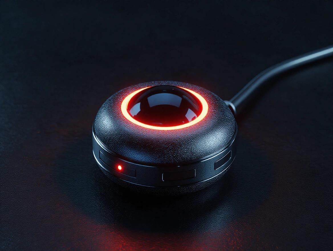 Handheld metallic device shaped oval with a glowing red LED sphere. Focus on realism and textures with dark blue atmosphere.