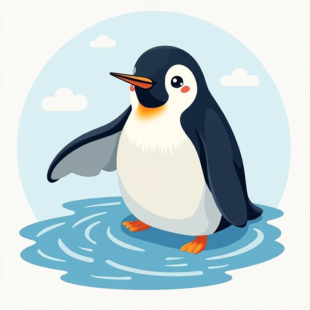 A cute penguin standing on water with a light blue background and clouds. The penguin has a cheerful expression and orange feet. Simple cartoon style.