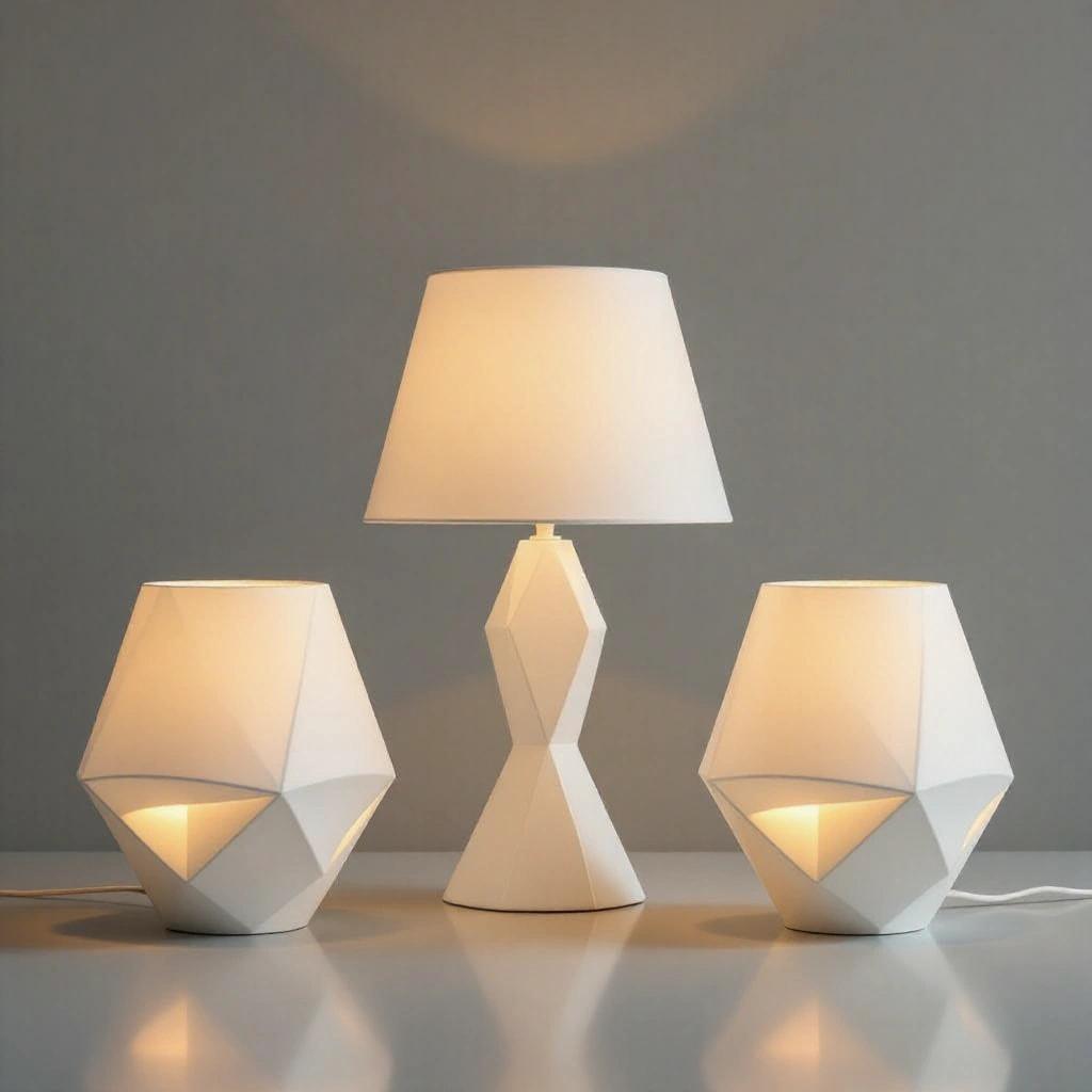 High-resolution images of elegant white lamp shades. Focus on refined geometric shapes with subtle curves and smooth surfaces. Centered on a neutral light gray background. Soft studio lighting used. Orientation straight-on and slightly angled. Matte or lightly satin materials with no heavy reflections.